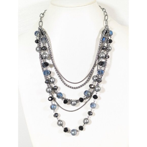 Simply Vera Wang Gray Glass Black Multi Chain Bib Layer Necklace 21" - Picture 1 of 10